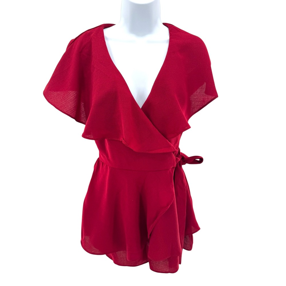 DO+BE Red Ruffle Wrap Romper Open Back Tie Waist Flutter Sleeve Shorts Small NWT